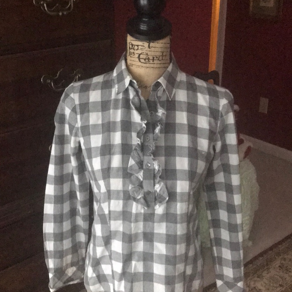 Talbots gray and white gingham blouse with collar
